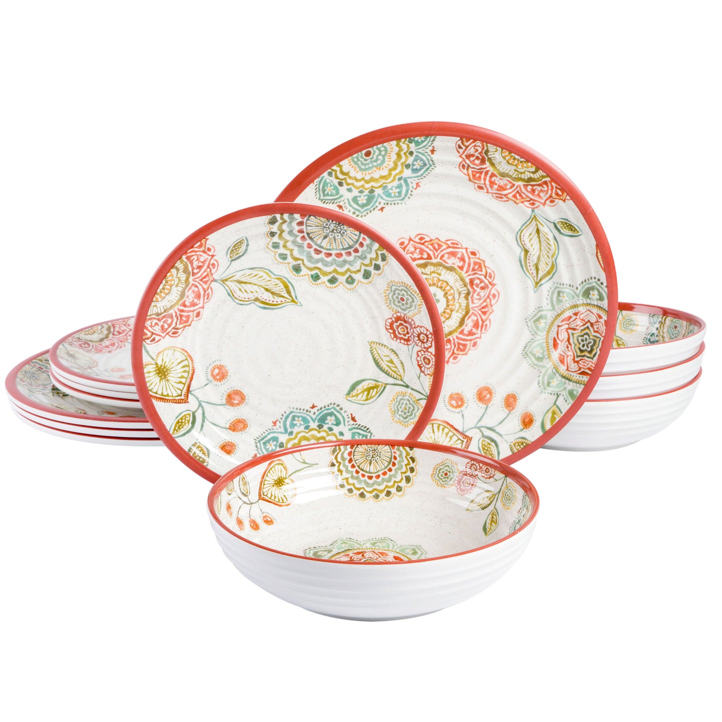 GH Lg Brick Floral 12 Pc Dw Set White Decorated Melamine