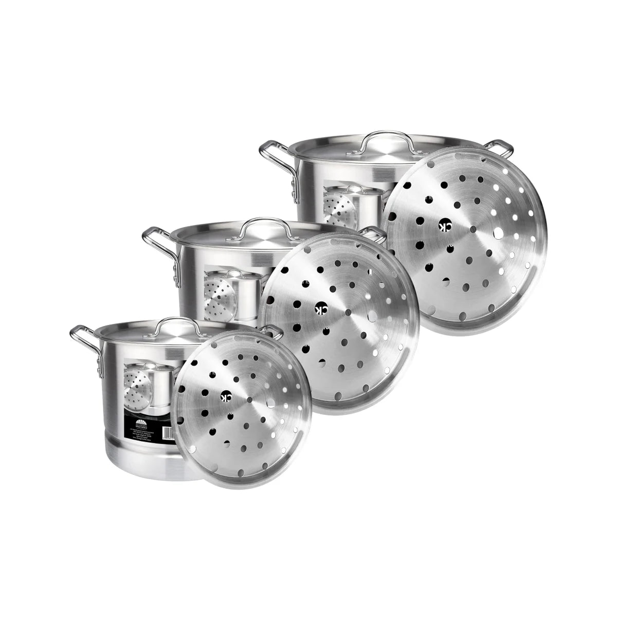 KITCHEN SENSE 3PCS ALUMINUM STOCK POT SET WITH STEAMER - 24QT, 32QT, 40QT (1SET)