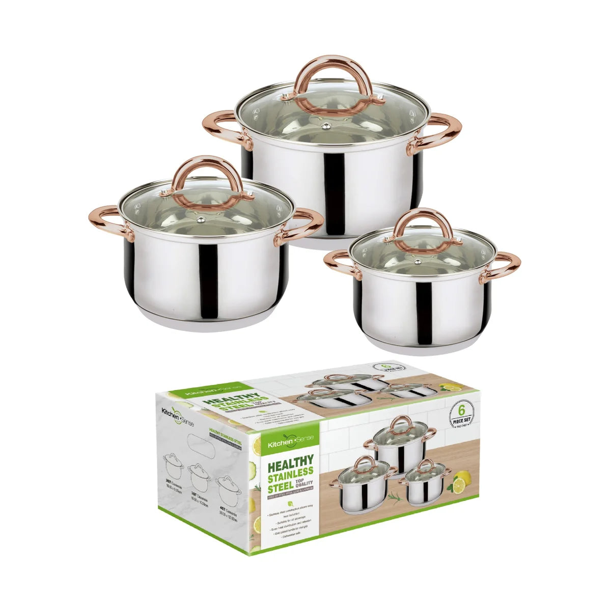 kitchen sense 6Pcs S.S. Casserole Set 2Qt, 3Qt, 4Qt