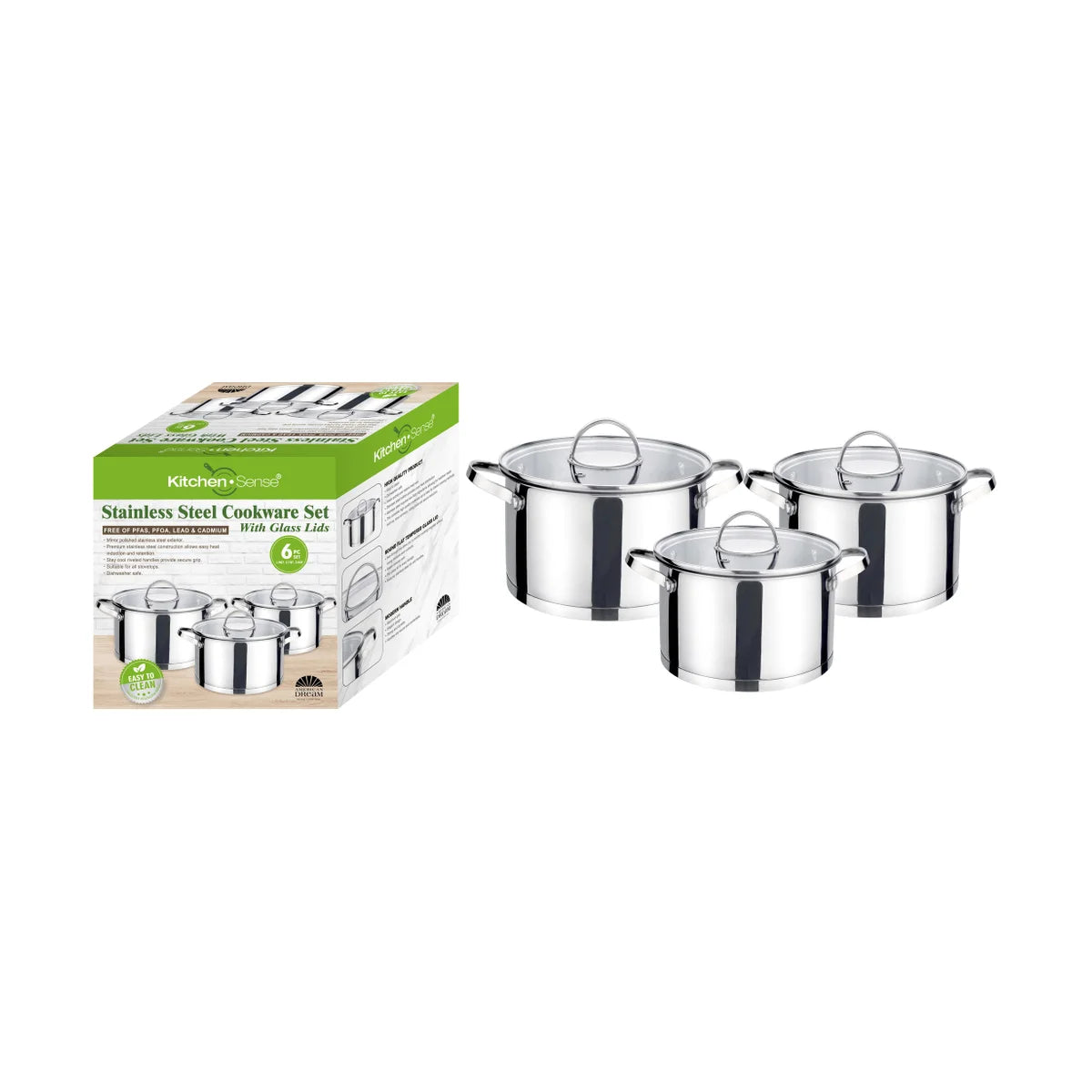 Kitchen Sense 6Pcs S.S. Cookware Set with Lid 1.9Qt, 2.7Qt, 3.6Qt