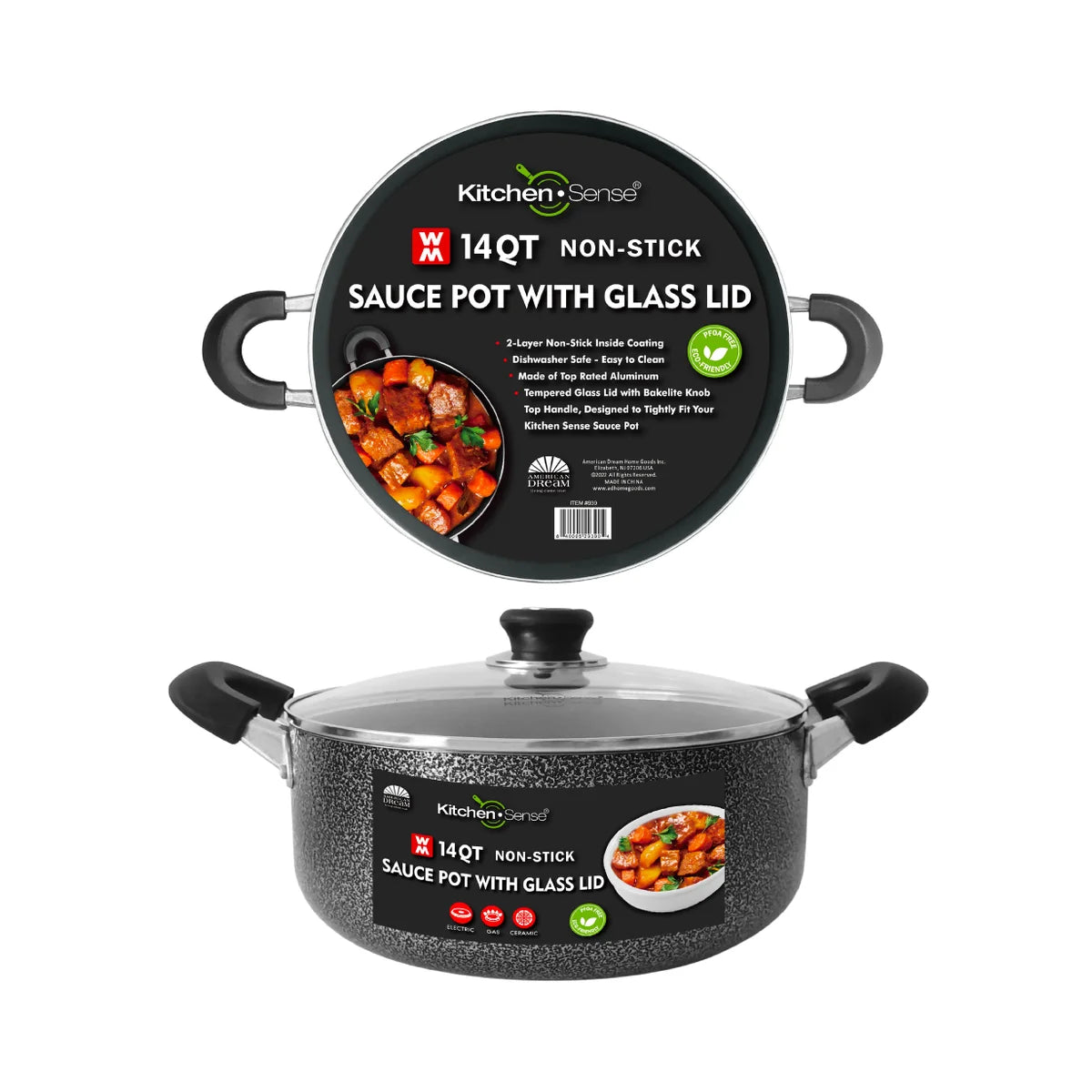 KITCHEN SENSE 14Qt Non-Stick Sauce Pot w/ Glass Lid