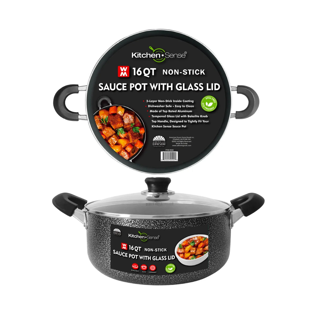 kitchen sense 16Qt Non-Stick Sauce Pot w/ Glass Lid