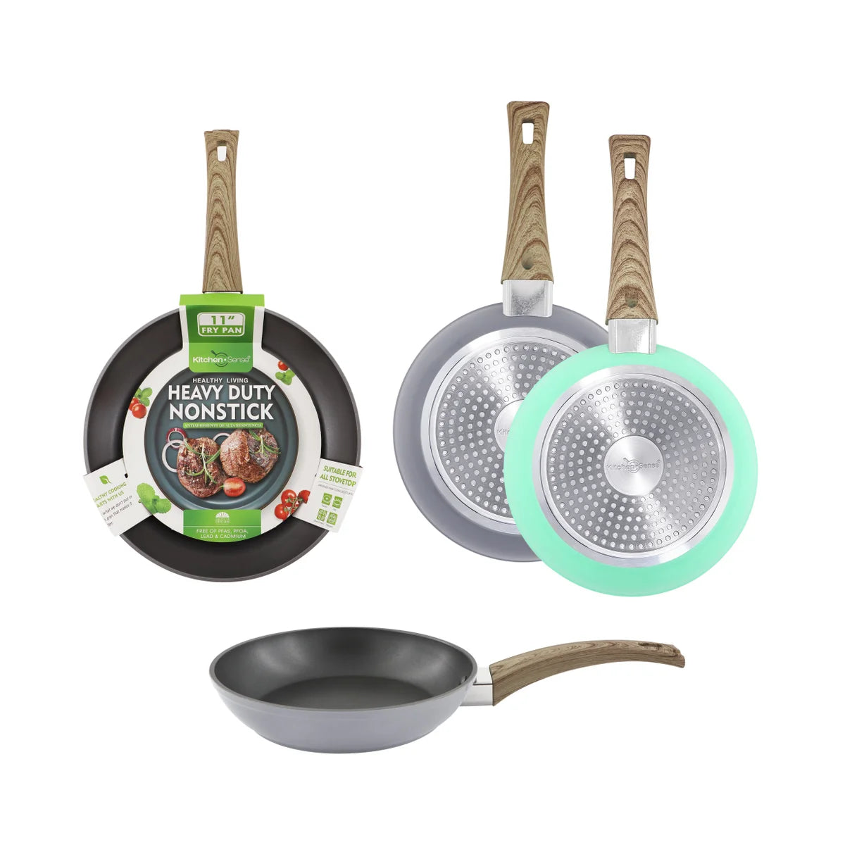 Kitchen Sense 8" Matte Grey/Mint Skillet with Wooden Decal Bakelite Handle