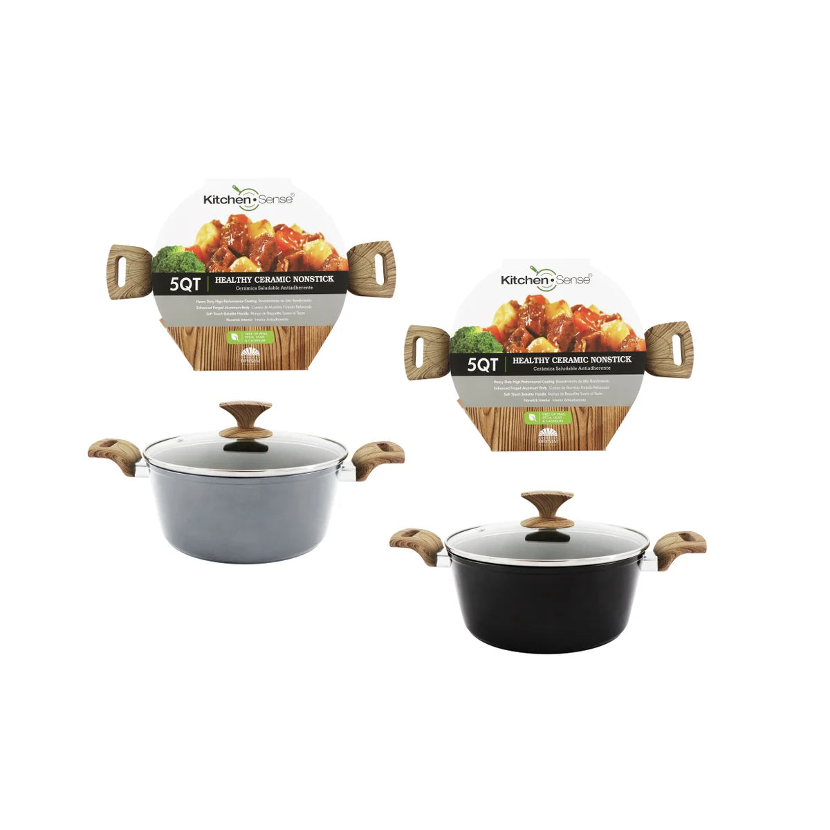 Kitchen Sense 5QT Forged Ceramic Saucepan with Wooden Decal Handle & Glass Lid