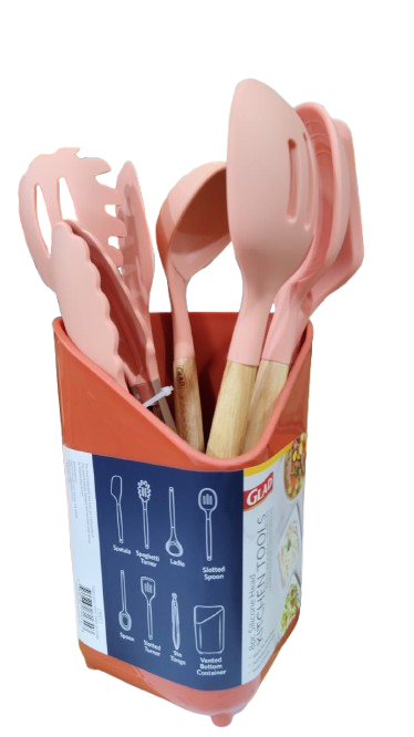GLAD SILICONE TOOLS WITH WOOD HANDLE 8PC SET IN TUB RUST