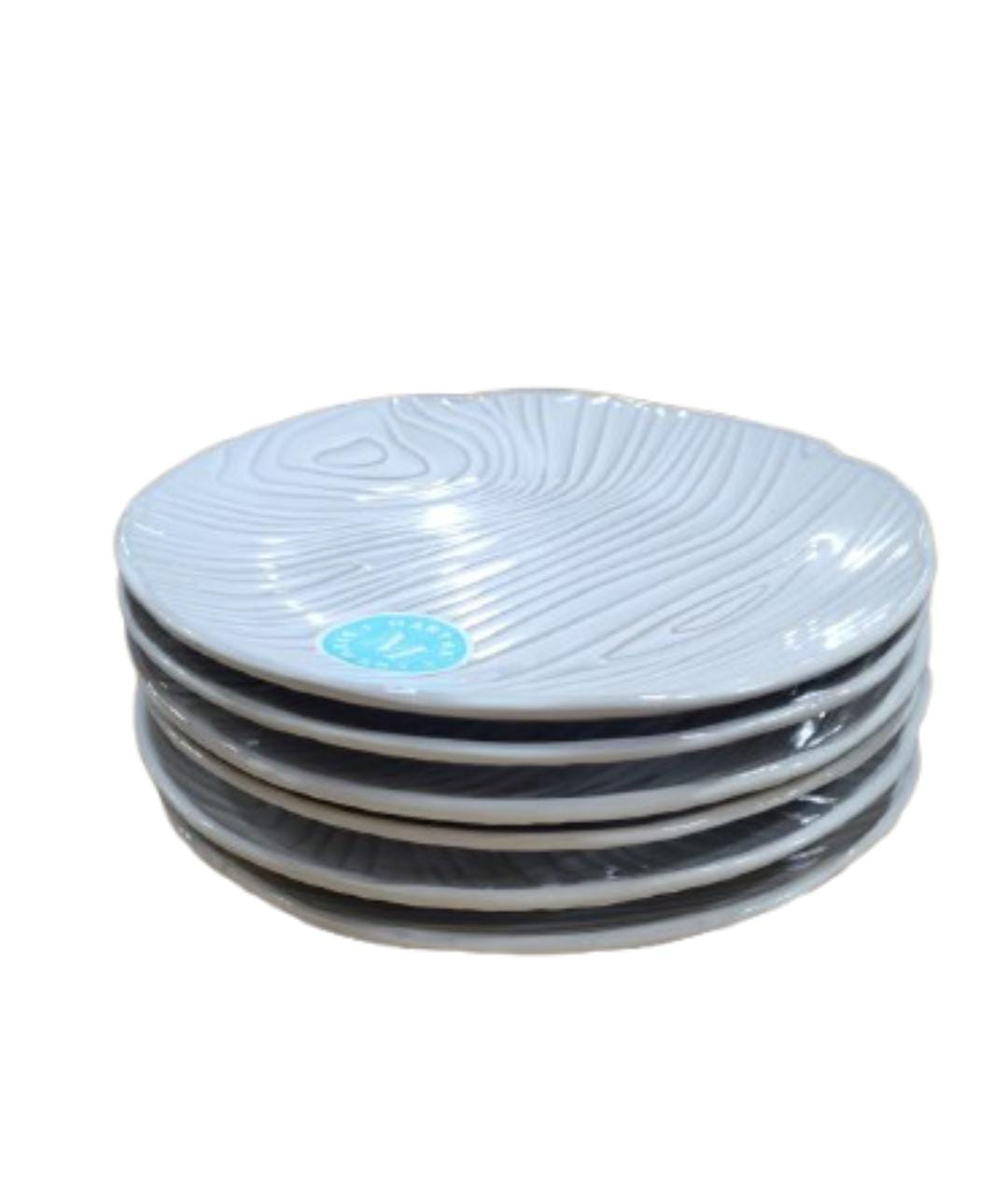 GH MST FAUX BOIS 8.45 IN DSP WHITE ROUND WOOD PATTERN REACTIVE STONEWARE O/S UPC LABEL