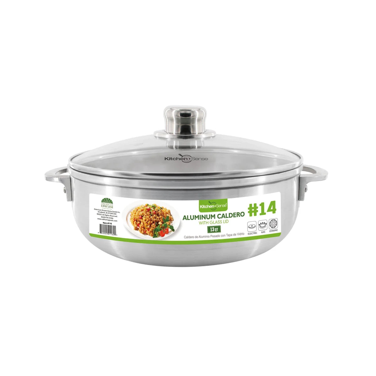 KITCHEN SENSE #14-13Qt ALUMINUM CALDERO WITH GLASS LID