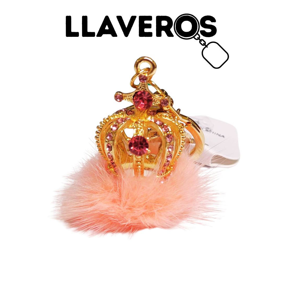 LLAVERO CON CORONA DE DIAMANTES Y POMPÓN