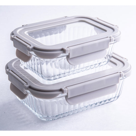 GH GIBSON Mse Clifftop - 4 Pc Storage Container W/ Tempered Glass Locking Lid Grey Rect Machine Made Borosilicate Glass Color Sleeve