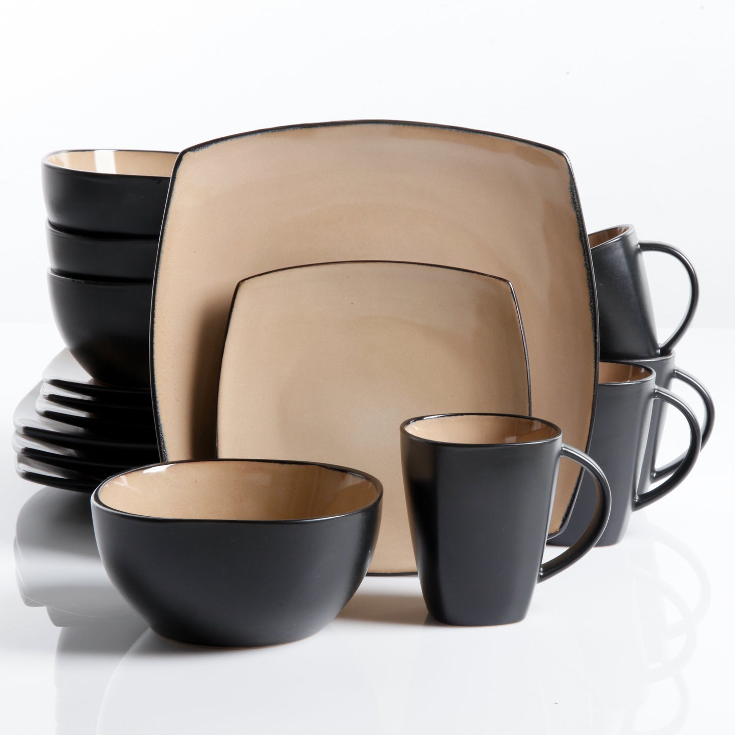 GH GIBSON Sl 16 Pc Dw Set Taupe/black Sq Two Tone Reactive Glaze Stoneware