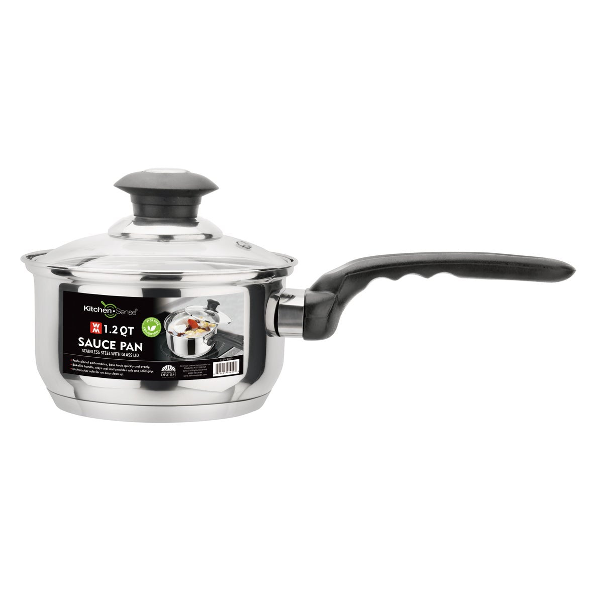 KITCHEN SENSE 1.2QT Stainless Steel Sauce Pan with Glass Lid