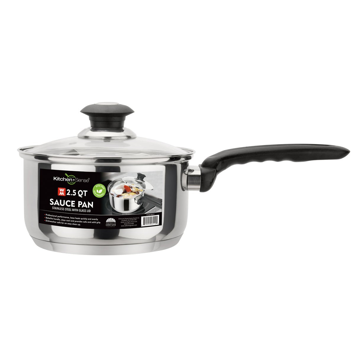 KITCHEN SENSE  2.5 QT Stainless Steel Sauce pan W/ Glass Lid