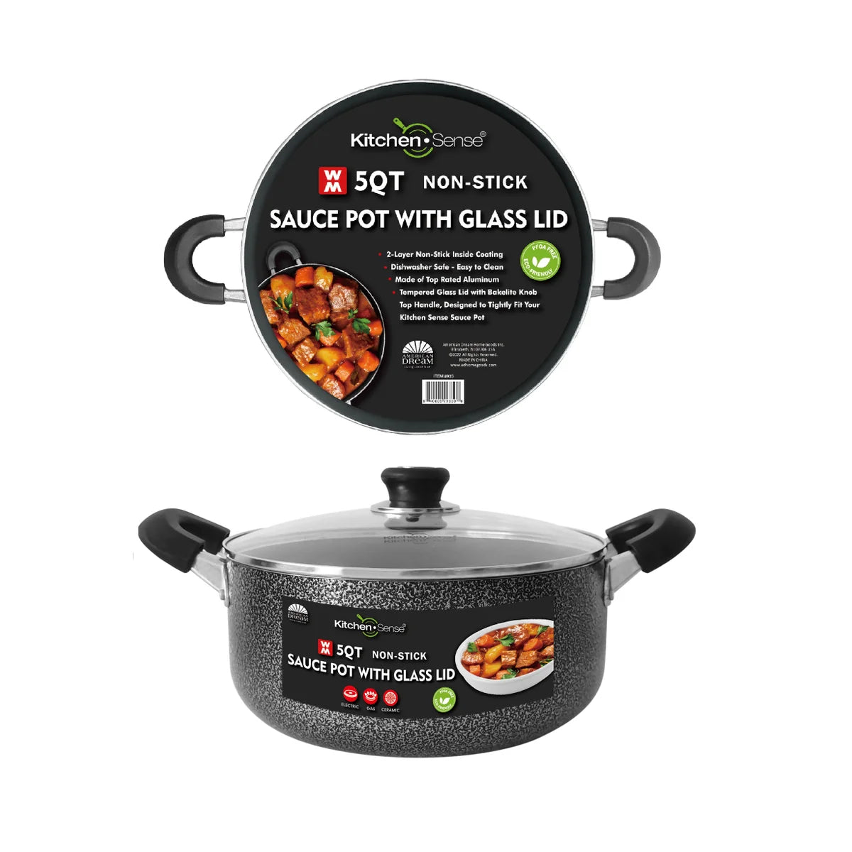 KITCHEN SENSE 5Qt Non-Stick Sauce Pot w/ Glass Lid