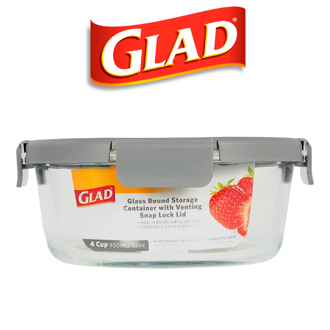 GLAD GLASS FOOD STORAGE CONTAINER W/ VENT LID RD. 970ML/4CUP