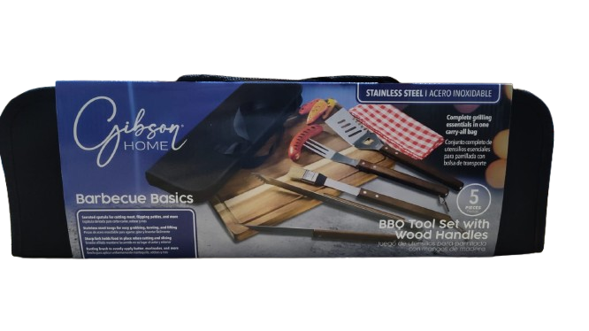 GH BARBECUE BASICS - 4 PC BBQ TOOLS SET W/ CANVAS BAG - WALNUT LOOK WOODEN HANDLE - S.S - 1.5 MM - CS
