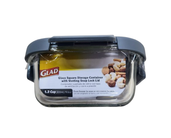 GLAD GLASS FOOD STORAGE CONTAINER W/ VENT LID SQ. 310ML/1.2CUP
