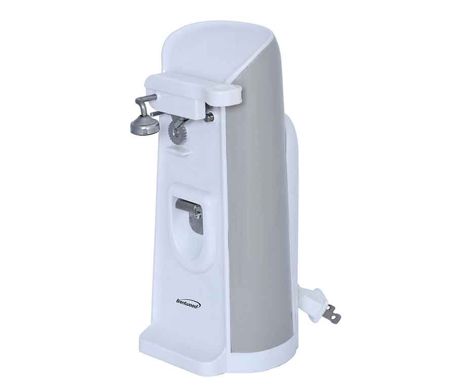 Brentwood Tall Electric Can Opener with Knife Sharpener & Bottle Opener, White