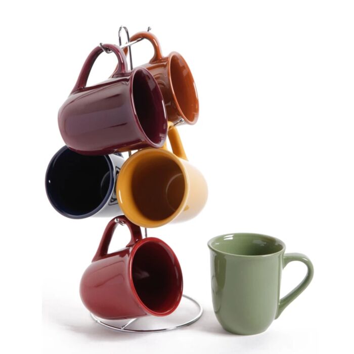 GH CAFE AMARETTO - 6 PC 13.4 OZ CERAMIC CUP SET W/ METAL RACK - 6 ASST COLORS - STONEWARE - W/ GBX