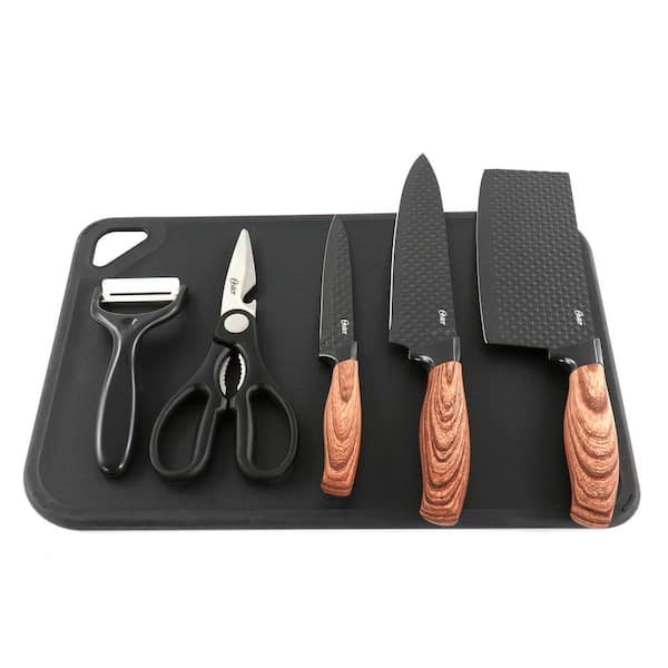 OS GUNDERSON - 6 PC CUTLERY SET W/ CUTTING BOARD - BLACK - TEXTURED BLADE - NON STICK - P.P WOOD LOOK HANDLE