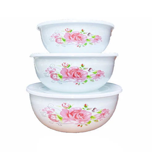 RYB 3 PC ENAMEL SALAD BOWL WITH COVER
